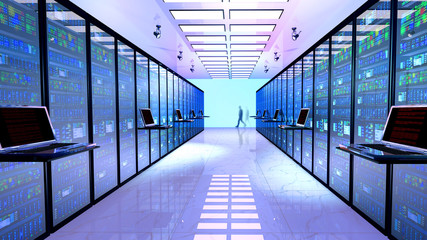 Creative business web telecommunication, internet technology connection, cloud computing and networking connectivity concept: terminal monitor in server room with server racks in datacenter. 3D render - obrazy, fototapety, plakaty
