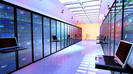 Creative business web telecommunication, internet technology connection, cloud computing and networking connectivity concept: terminal monitor in server room with server racks in datacenter. 3D render