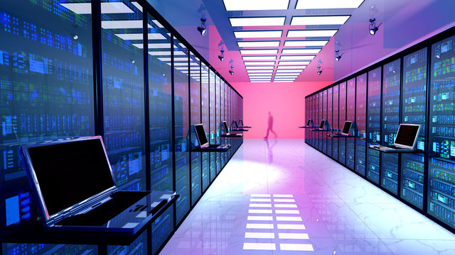 Creative business web telecommunication, internet technology connection, cloud computing and networking connectivity concept: terminal monitor in server room with server racks in datacenter. 3D render