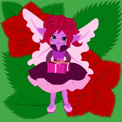 Elfenmädchen in lila Kleid mit Geschenk, Blumen im Hintergrund