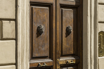 Old wooden front door decorated with two lion heads of metal. Pa