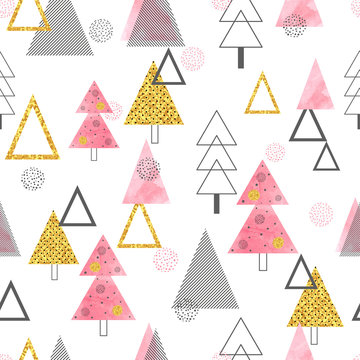 Seamless Christmas trees pattern in retro style. Vector holiday background