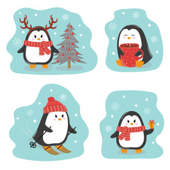Set of cute penguins. Merry Christmas and Happy New Year greetings. Vector winter illustration.