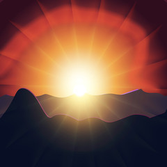 vector sunset scene on mountain and light ray
