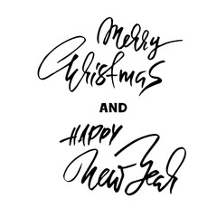 Handdrawn Merry Christmas card. Happy New Year typography card. Dry brush calligraphy. Vector lettering.