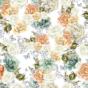 Bright watercolor seamless pattern with flowers roses, succulents and  wildflowers. Illustration