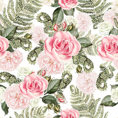 Beautiful watercolor seamless pattern with flowers of rose leaves of fern. Illustration. 