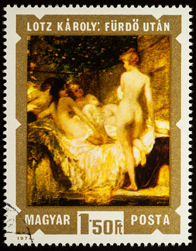 Painting "After the Bath" by Karoly Lotz on postage stamp