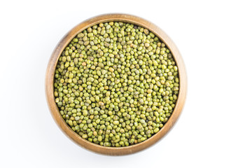 mung bean in wooden bowl isolated on white background ,top view