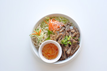 Grilled Pork Bun. Traditional Vietnamese rice vermicelli dish with shredded lettuce, bean sprout, scallion and ground peanut. Served with homemade sauce