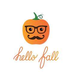 Card with a cartoon pumpkin and Hello Fall lettering