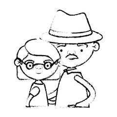 blurred silhouette of half body couple elderly of grandmother with glasses and short hair with grandfather with hat and moustache