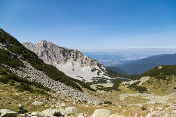Fototapeta na wymiar Panoramic view of mountain hut Sinanica in Pirin Mountain, Bulgaria