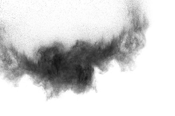 Abstract design of black powder cloud against white background.