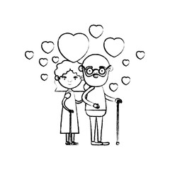 blurred silhouette of caricature full body elderly couple embraced with floating hearts bearded grandfather in walking stick and grandmother with wavy hair