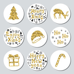 Christmas New Year golden gift round stickers. Labels xmas set. Hand drawn glitter decorative element. Collection of shiny holiday christmas stickers. Vector illustration. Lettering, calligraphy.