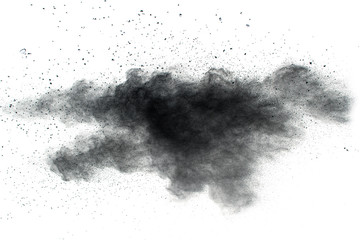 The particles of charcoal splatted on white background.