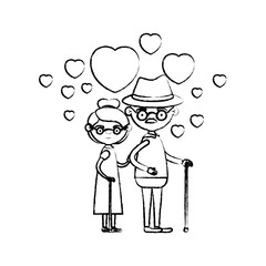 blurred silhouette of caricature full body elderly couple embraced with floating hearts grandfather with hat in walking stick and grandmother with collected hair and glasses