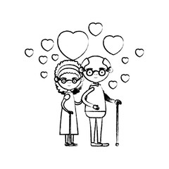 blurred silhouette of caricature full body elderly couple embraced with floating hearts grandfather with glasses in walking stick and grandmother with bow lace and curly hair