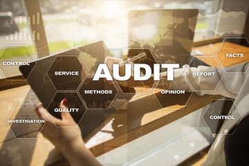 Audit business concept. Auditor. Compliance. Virtual screen technology.