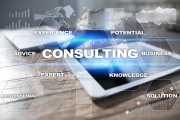 Consulting business concept. Text and icons on virtual screen.