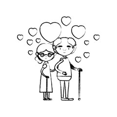 blurred silhouette of caricature full body elderly couple embraced with floating hearts grandfather in walking stick and grandmother with collected hair and glasses