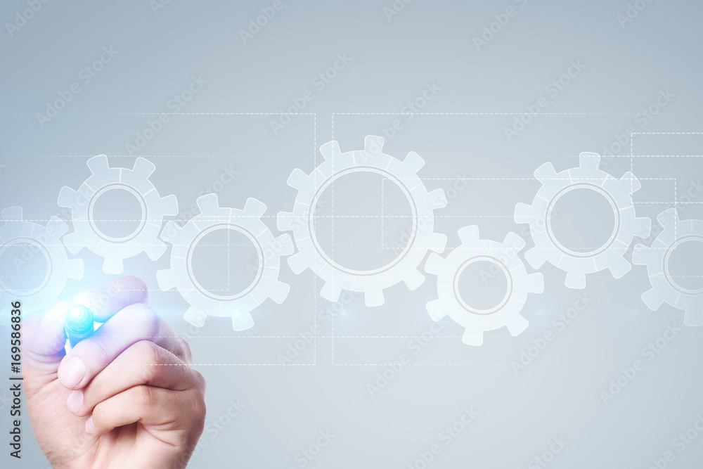 Poster gears on virtual screen. business strategy and technology concept. automation process.