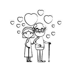 blurred silhouette of caricature full body elderly couple embraced with floating hearts grandfather in walking stick and grandmother with bow lace and short hair