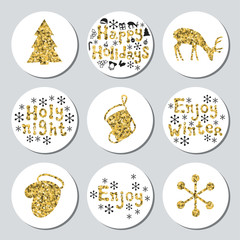 Christmas New Year golden gift round stickers. Labels xmas set. Hand drawn glitter decorative element. Collection of shiny holiday christmas stickers. Vector illustration. Lettering, calligraphy.