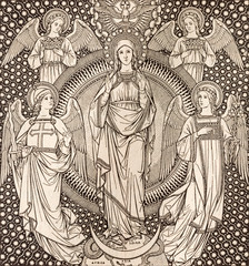 BRATISLAVA, SLOVAKIA, NOVEMBER - 21, 2016: The lithography of The Immaculate conception among the angels by unknown artist F.M.S  (1889) and printed by Typis Friderici Pustet.