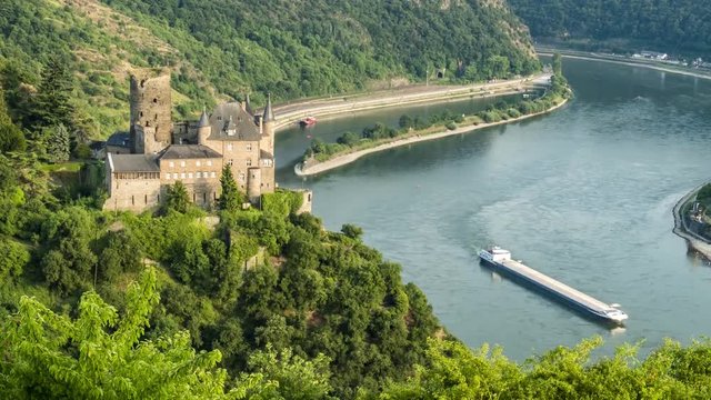 Castle Katz and Loreley at the river Rhine -time lapse