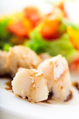 Dishes from fried chicken with vegetable.