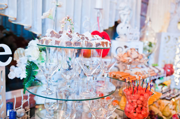 Huge variety of delicious and colorful meals on wedding banquet.