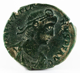 Ancient Roman copper coin of Gratian. Obverse.