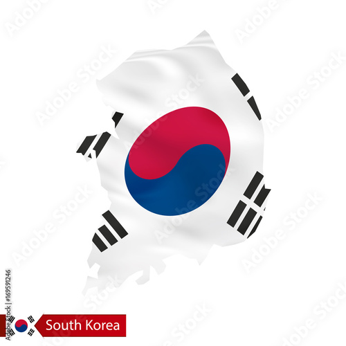 "South Korea map with waving flag of country." Stock image and royalty
