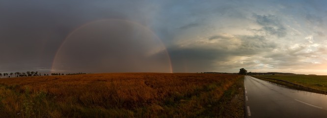 Beautiful rainbow over fields, panoramic landscape