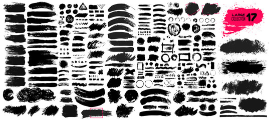 Big collection of black paint, ink brush strokes, brushes, lines, grungy. Dirty artistic design elements, boxes, frames. Vector illustration. Isolated on white background. Freehand drawing. - obrazy, fototapety, plakaty