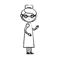 blurred silhouette of full body elderly woman in dress with collected hairstyle and glasses