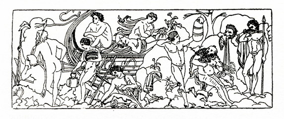 Fototapeta na wymiar Argonauts resting in Bithynia (Polydeuces trains in the box, sitting Silenus looks at him)