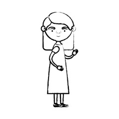 blurred silhouette of full body elderly woman in dress with straight hairstyle