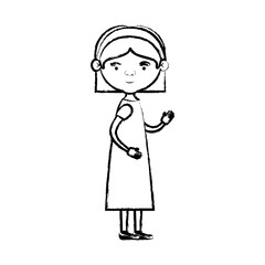 blurred silhouette of full body elderly woman in dress with bow lace and straight short hairstyle