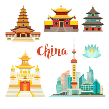 China landmarks vector icons collection. Chinese architecture. China landmarks: Shanghai cityscape, Chinese Temples and lotus