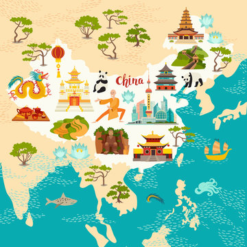 China abstract map, hand drawn vector illustration. Travel illustration of China with landmarks icons, temple, dragon, Shaolin monk, lanterns, pandas and rice fields