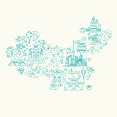 Naklejka premium China abstract map, contour vector illustration. Coloring book. Chinese travel landmarks/attractions for coloring