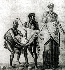 Fototapeta na wymiar The Sacrifice of Iphigenia - Agamemnon's sacrifice of his daughter Iphigenia (at right - Calchas, at left - Agamemnon, above - Artemis)