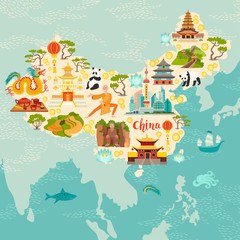 China illustrated map, hand drawn vector illustration for kid and children. Chinese travel landmarks/attraction