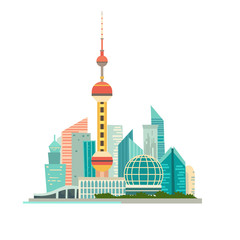 Shanghai cityscape vector icon. Chines urban modern background, isolated on white. Buildings and tower construction