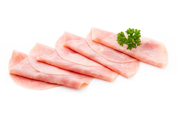 Thin slices of ham on white background.