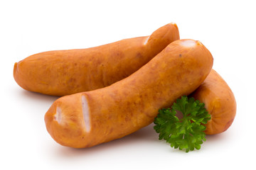 Sausage and spices isolated on white background, fresh delicious frankfurter.
