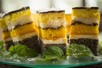 Sliced cake with different cakes, on a plate with mint leaves